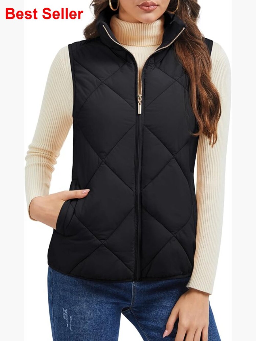 Lightweight Quilted Puffer Vest Sleeveless Zip Up Stand Collar 4 Pockets